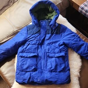 Mini Boden Blue and Green Hooded Puffer Jacket Parka